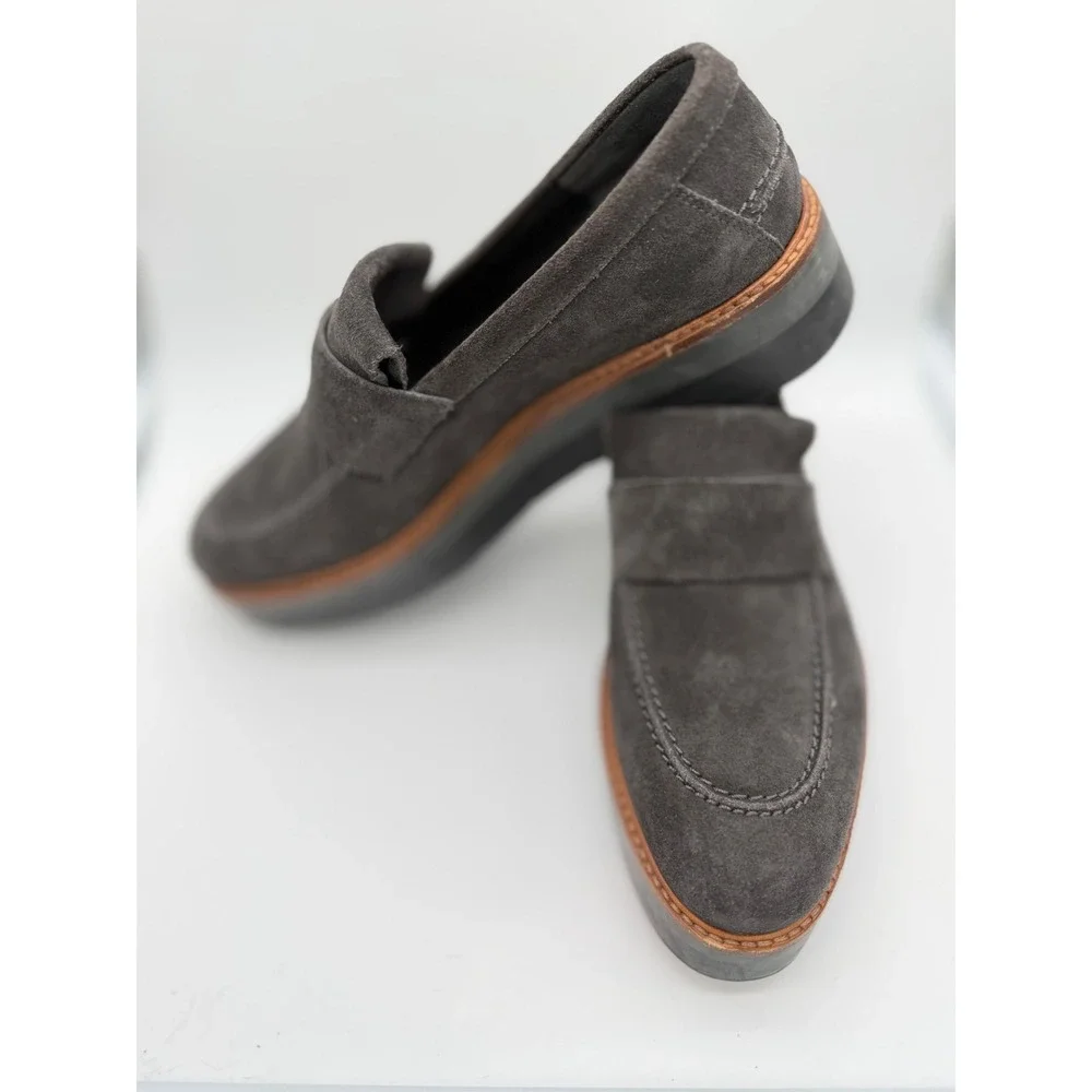 Vince Womens Suede Platform Wedge Loafers Charcoal Grey Slip On Shoes - Picture 3 of 10